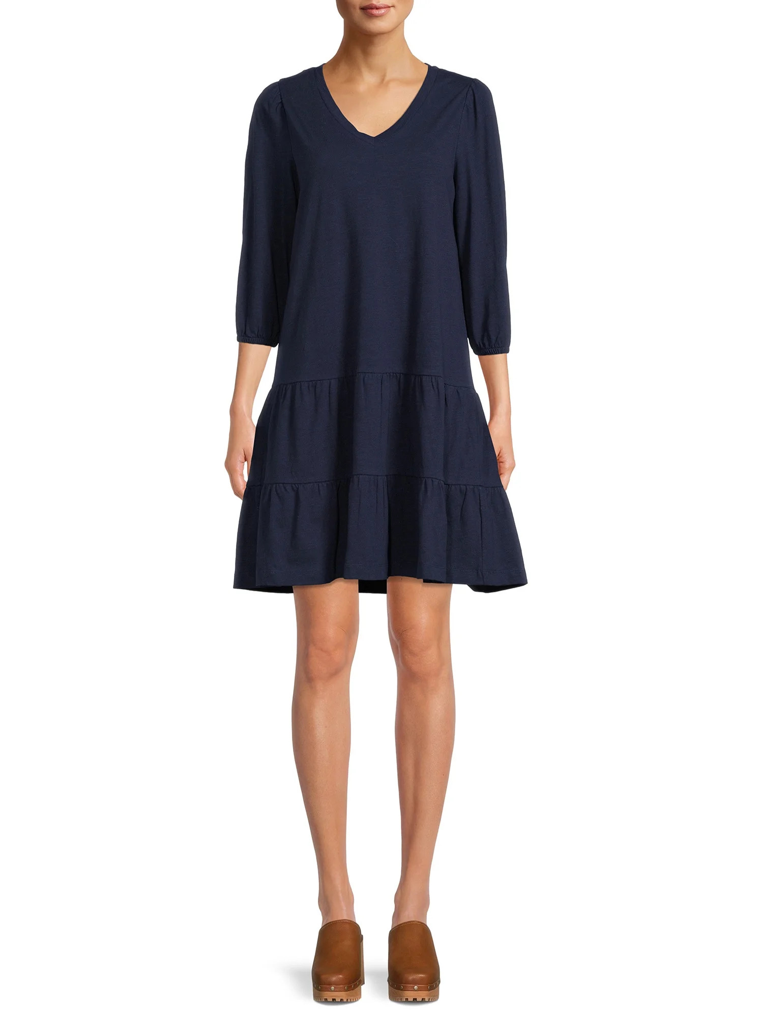 Time and Tru Women's V-Neck Tiered Knit Dress, Sizes XS- XXXL | Walmart (US)
