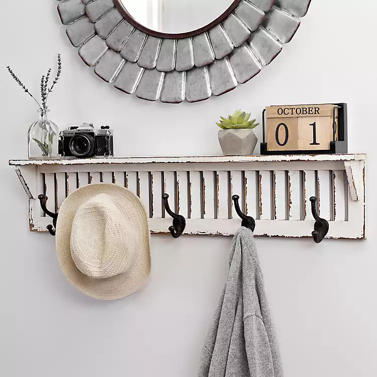 Distressed White Wood Shutter Shelf with Hooks | Kirkland's Home