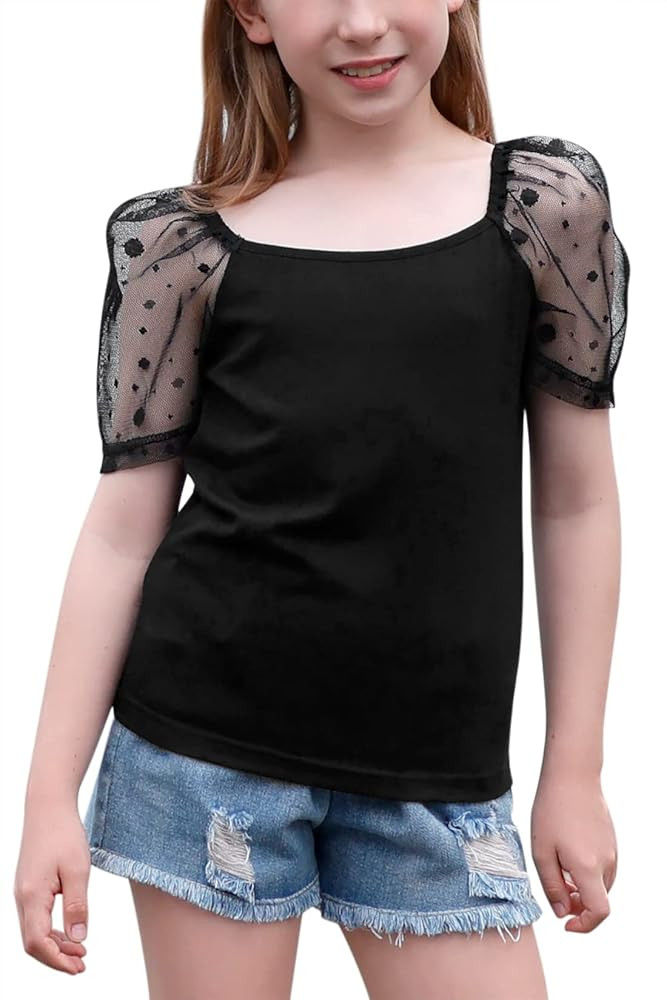 GORLYA Girls Sheer Dobby Mesh Raglan Sleeve Shirt Tops Square Neck Fitted Tee Blouses for 4-14T | Amazon (US)