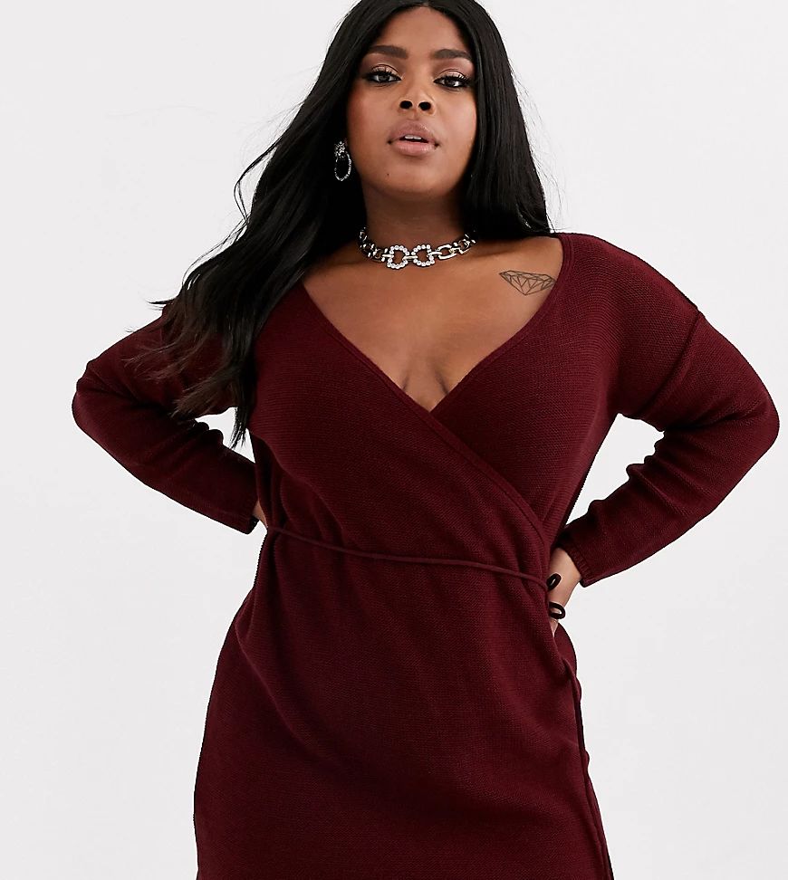 Boohoo Plus exclusive wrap jumper dress in burgundy-Red | ASOS (Global)