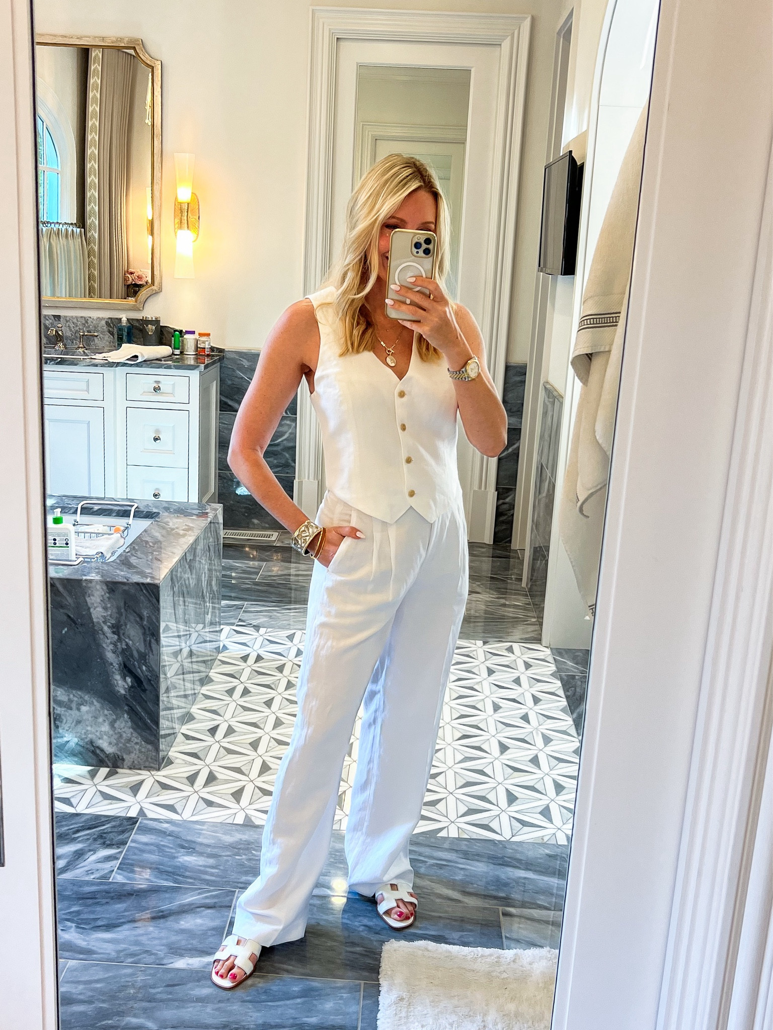 Linen vest and pleated pant look - great summer outfit! I’m 5’6, 135 pounds dress 4/6 and 27” jeans. Im wearing size 6 pants (the 8 fit but hang looser on waist - the 6 fits at waist). Vest is a size 10. I’m wearing a sticky bra FYI. 


#LTKShoeCrush #LTKSeasonal #LTKStyleTip