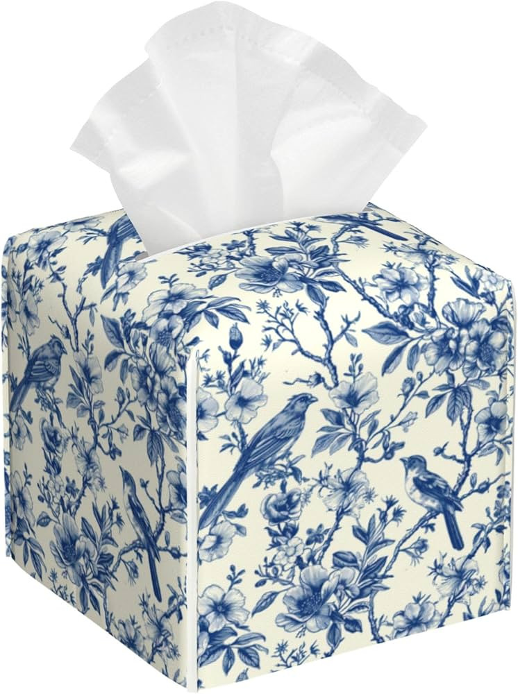 Tissue Box Cover Square,Vintage Floral and Blue Bird Tissue Box Holder Waterproof Leather Facial ... | Amazon (US)