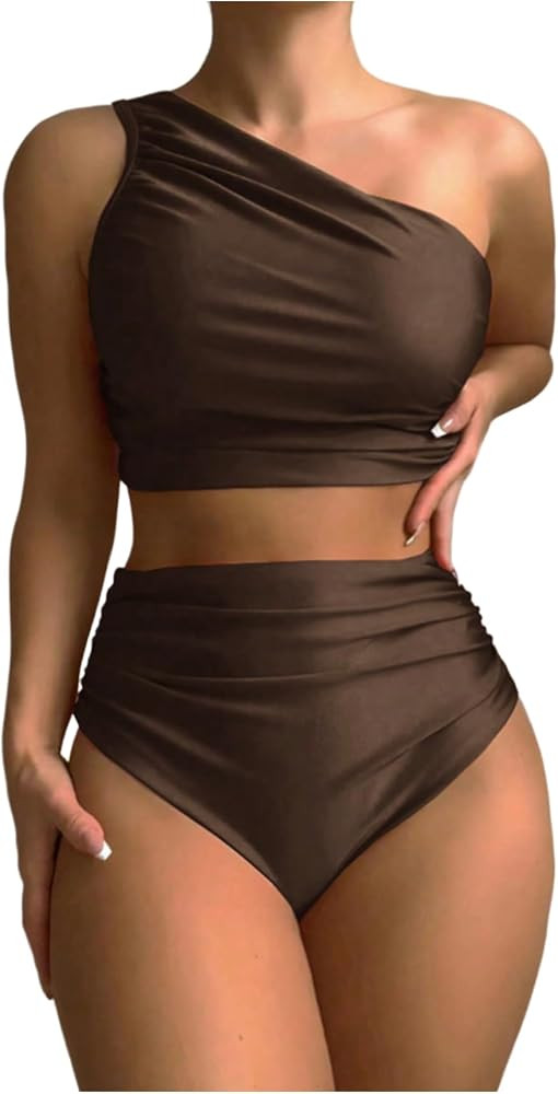 GORGLITTER Women's Tankini Swimsuits 2 Piece High Waisted One Shoulder Bikini Sleeveless Ruched S... | Amazon (US)