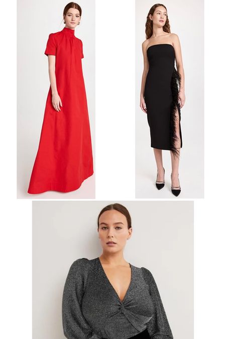 Holiday outfit ideas! This red STAUD maxi dress or black Likely midi dress with a leg slit and feathers or this twist front v-neck long sleeve jersey top from Boden would be perfect to wear to a holiday party! #holidaydress #holidayoutfit #reddress #feathers #maxidress 

#LTKSeasonal #LTKGiftGuide #LTKHoliday