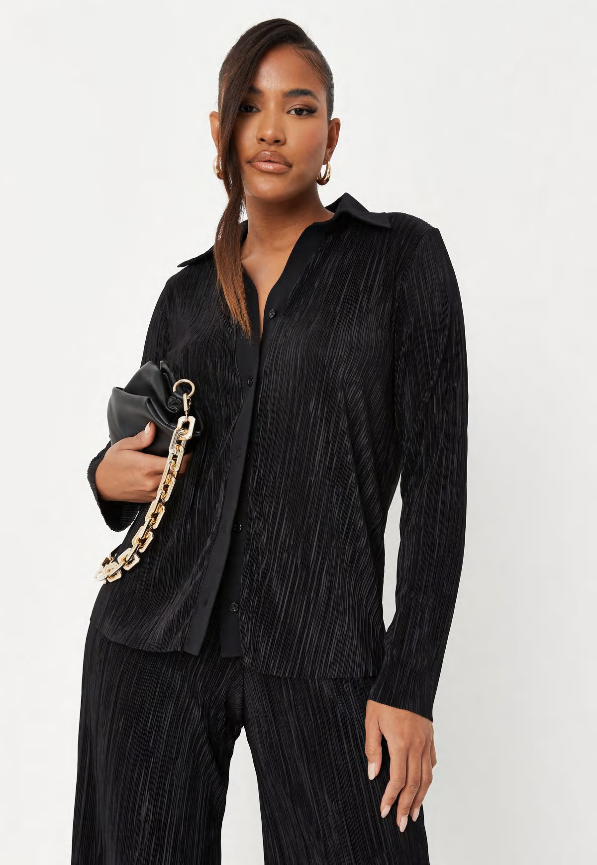 Black Co Ord Plisse Shirt | Missguided (US & CA)