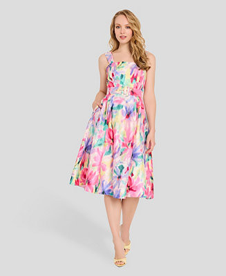 Women's Crinkle Belted Square Neck Midi Dress | Macy's