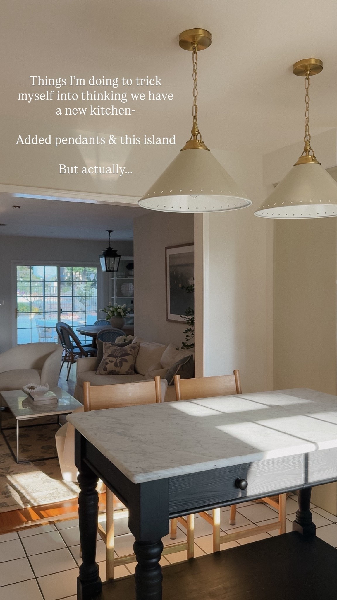 Things I’m doing to trick myself into thinking we have a new kitchen-

Added pendants & this island 

But actually…..