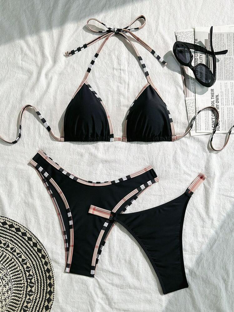 Elavelle 3pcs/Set Color Block Black Bikini Set For Women, Suitable For Spa, Vacation, Swimming Fo... | SHEIN