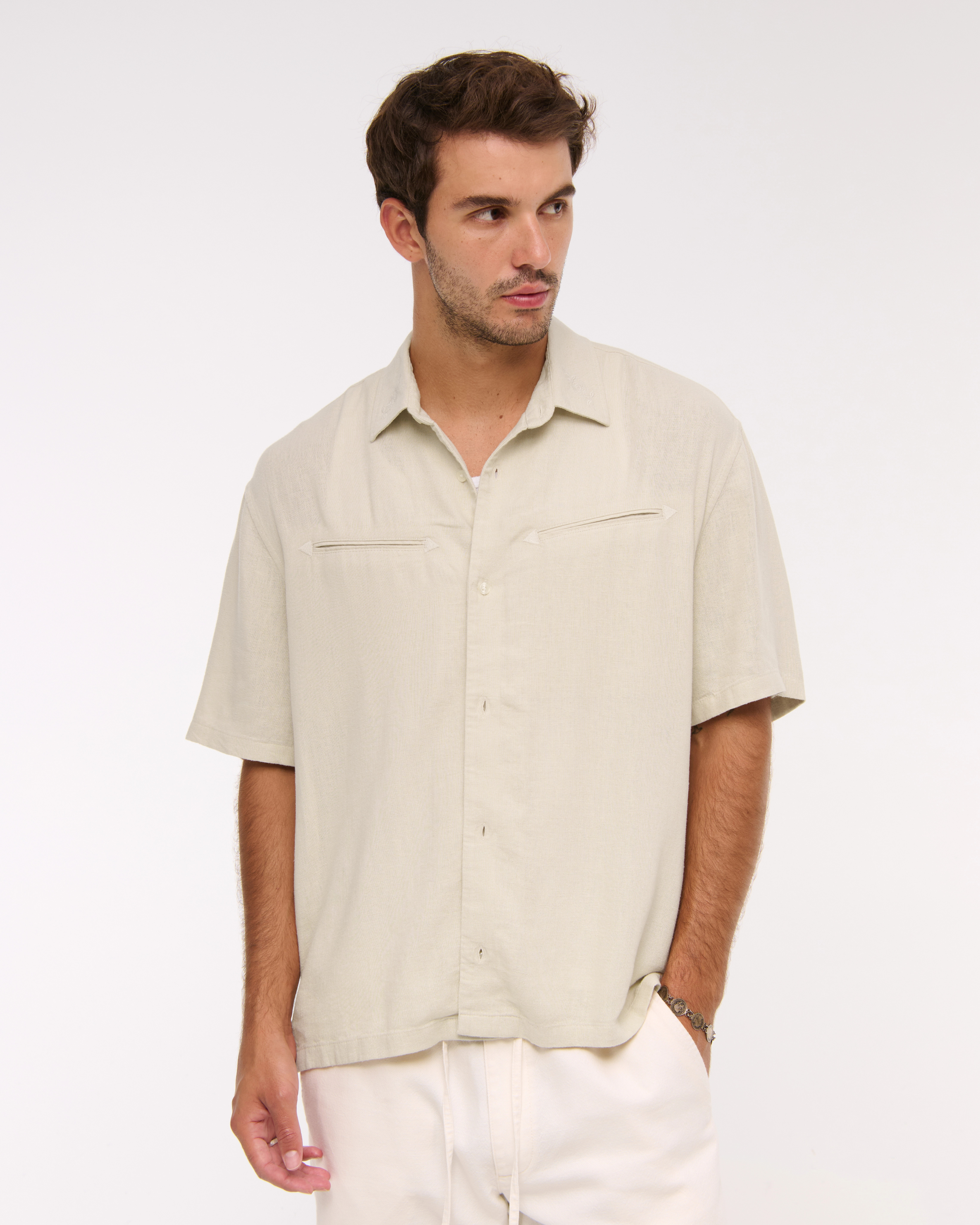 Short-Sleeve Summer Linen-Blend Button-Up Shirt | Abercrombie & Fitch (US)