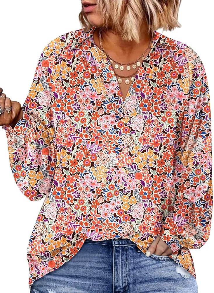 Eytino Plus Size Tops for Women Lantern Long Sleeve Boho Floral Printed V Neck Loose Casual Blous... | Amazon (US)
