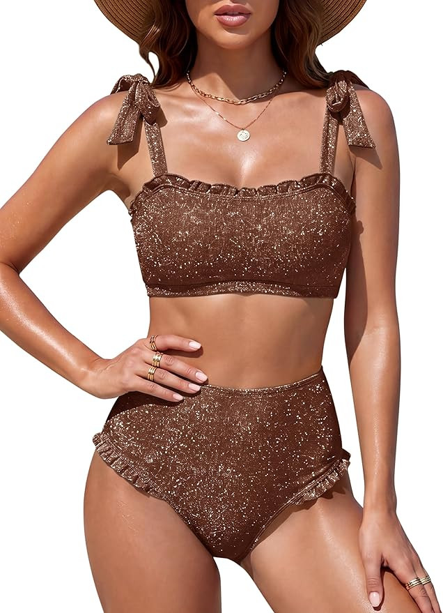 Blooming Jelly Womens High Waisted Bikini Sets Tummy Control Sparkly Ruffle Trim Two Piece Swimsu... | Amazon (US)
