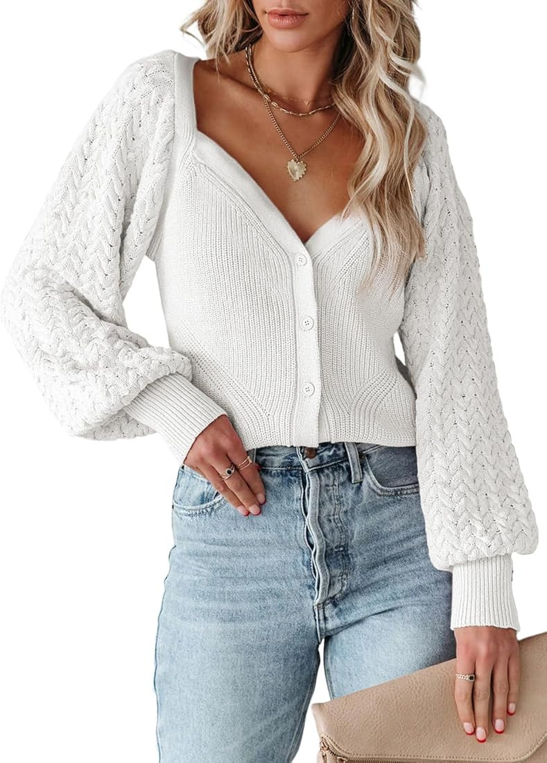 MARZXIN 2024 Cropped Cardigan Sweaters for Women Cute Puff Sleeve V Neck Button Up Y2K Cardigan C... | Amazon (US)