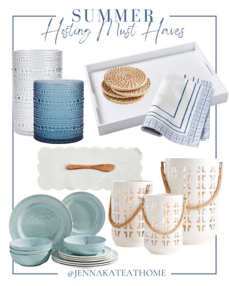 Your summer entertaining and hosting must haves including vintage glasses, serving trays, linen napkins, hurricane lamps, dishes, cheese,l plates, wicker coasters, and more coastal style home decor

#LTKSeasonal #LTKFamily #LTKHome