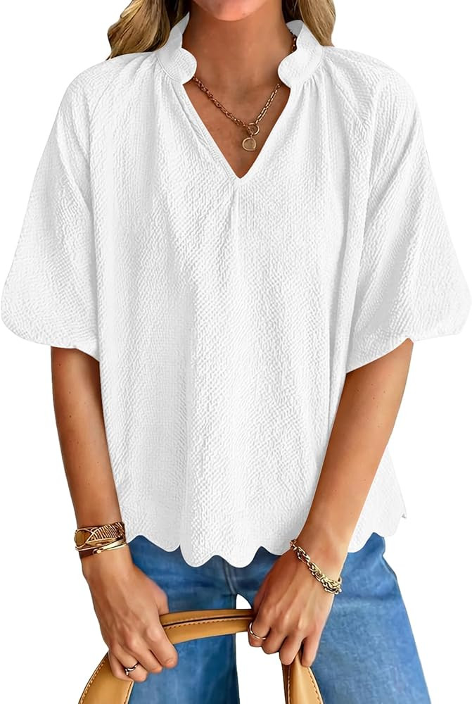 Tankaneo Womens Puff Sleeve Tops Summer Textured V Neck Scalloped Blouses Dressy Casual Loose Fit... | Amazon (US)