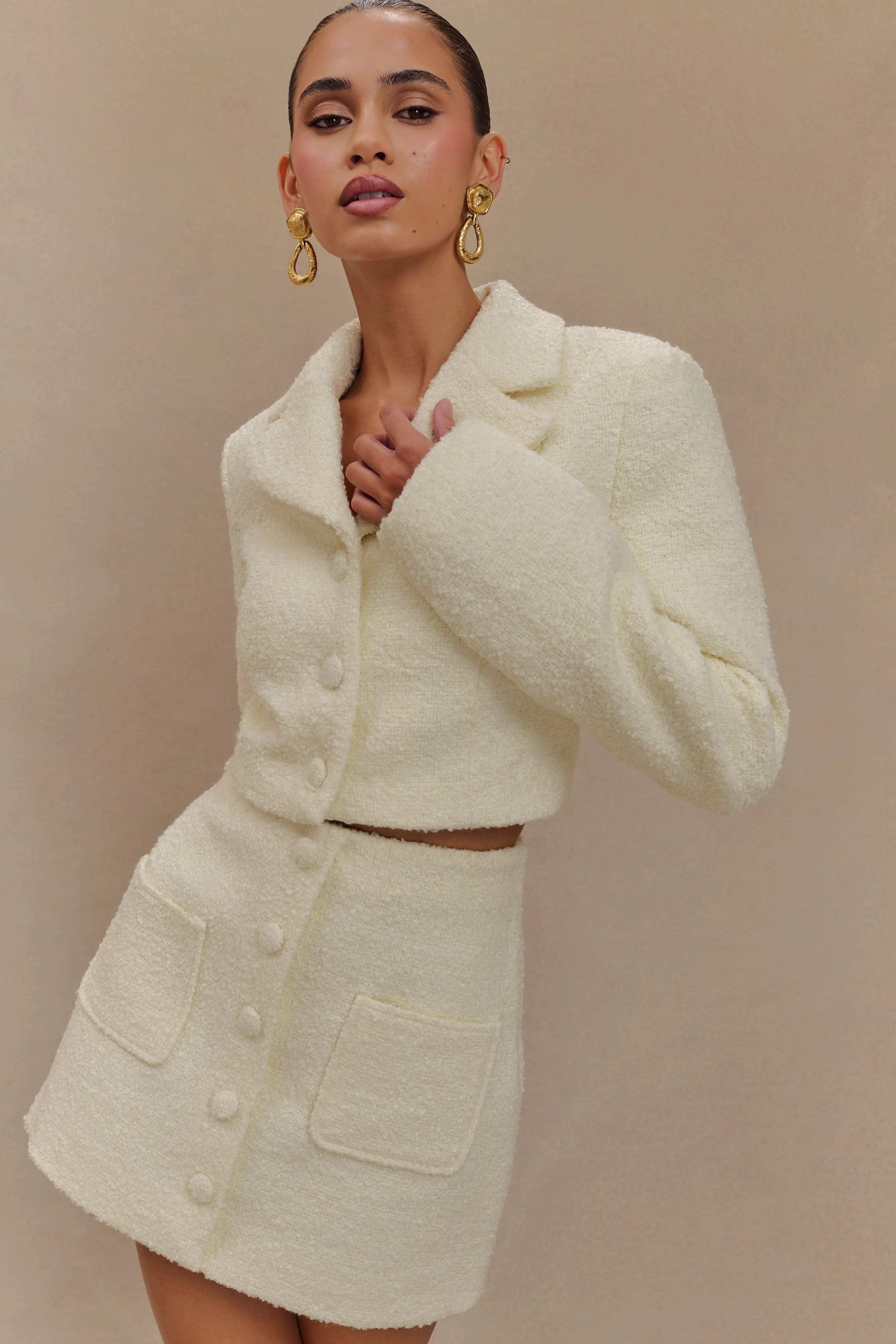 Mirelle Textured Boucle Cropped Long Sleeve Top - Ivory | MESHKI US