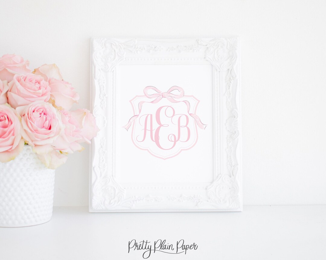 Simple Watercolor Monogram Crest Artwork 8x10 Pink Floral & Bow Editable Printable Watercolor Pin... | Etsy (US)