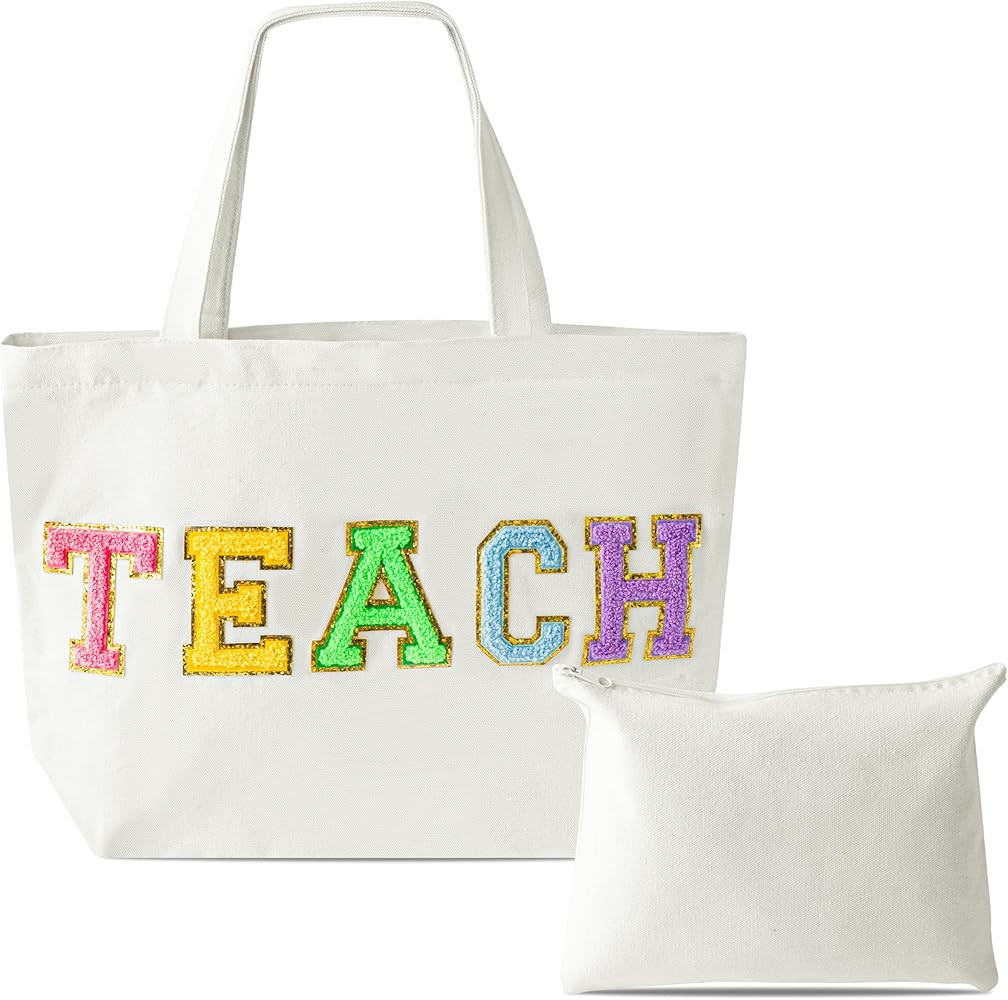 B1ykin 2Pcs Chenille Letter Patches Canvas Tote Bag with Zipper Pocket, Travel Handbag Zipper Pou... | Amazon (US)