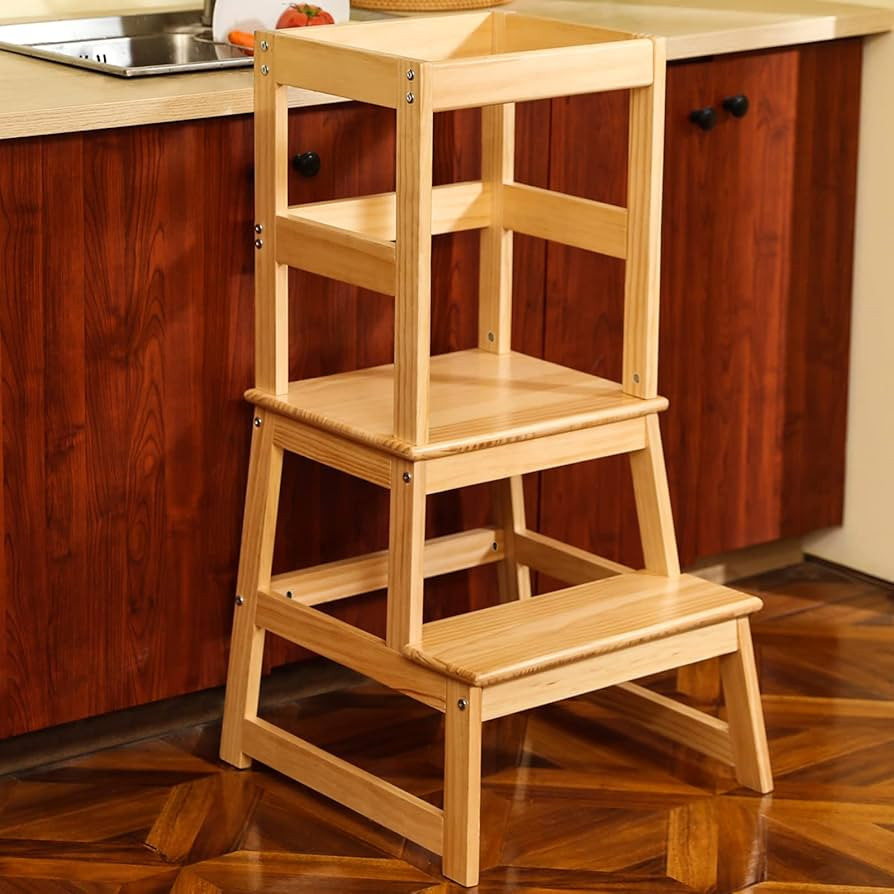Kitchen Step Stool for Kids with Safety Rail,Toddler Standing Tower for Kitchen Counter, Baby Montessori Stool,Solid Wood Construction,Natural | Amazon (US)