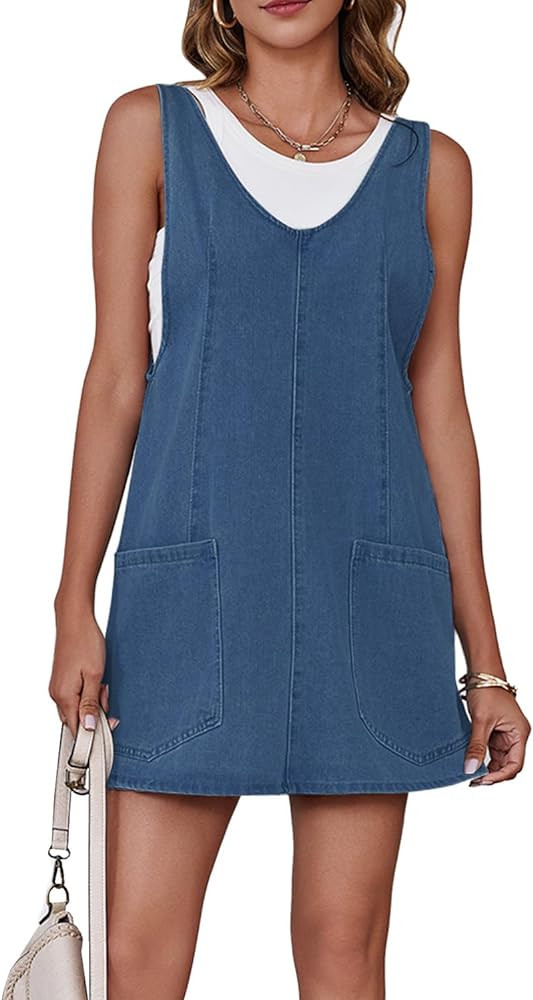 Womens High Roller Overalls Denim Dress Loose Casual Sleeveless Mini Pinafore Jean Romper Skirtal... | Amazon (US)