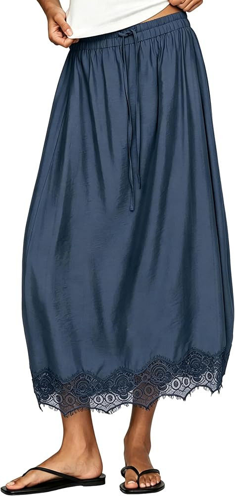 Yidarer Women's Lace Hem Maxi Skirt A-Line Elastic High Waist | Amazon (US)