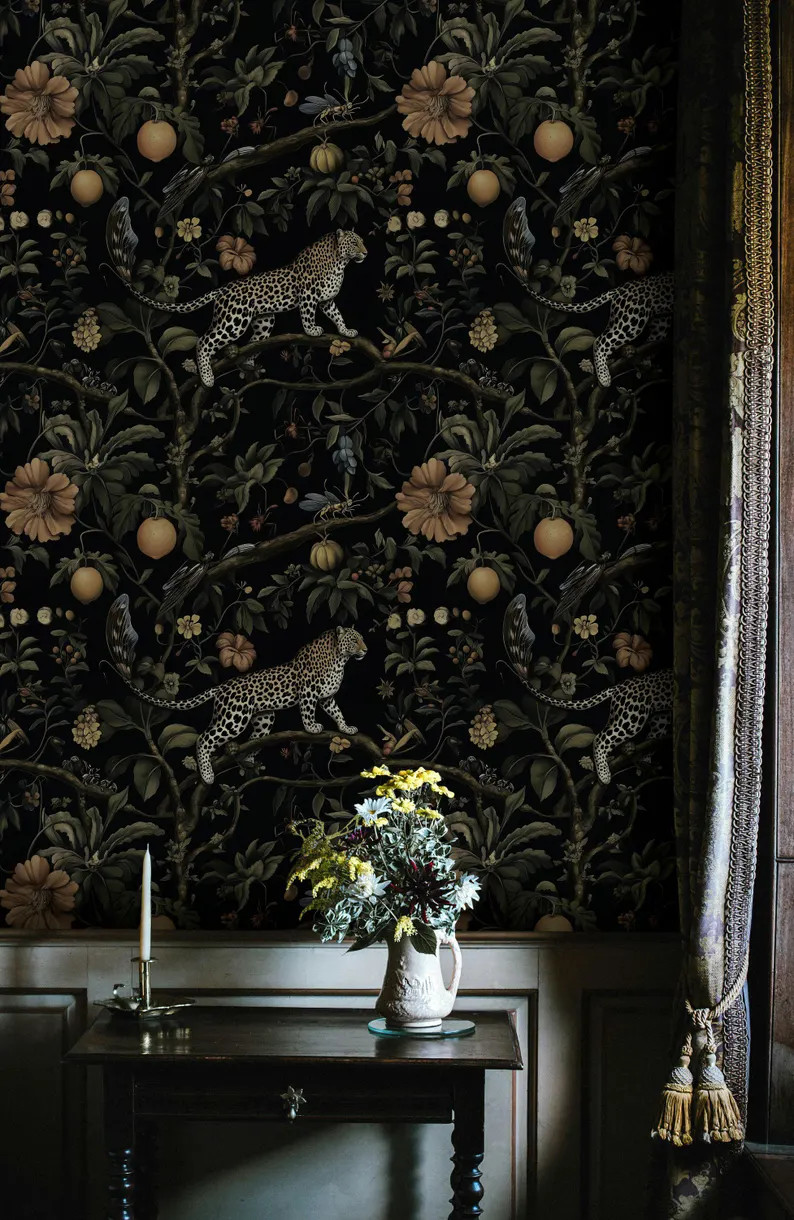 Exotic Leopard and Jungle Fruits Wallpaper Bold Dark Floral Peel and Stick Mural Tropical Animal ... | Etsy (US)