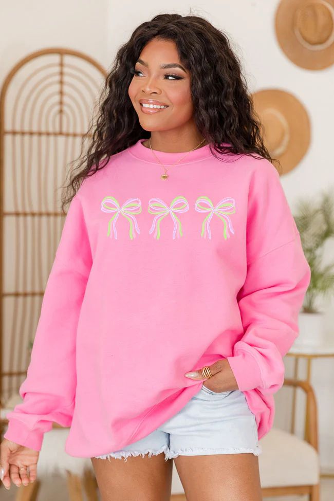 Bows Pink Oversized Graphic Sweatshirt | Pink Lily