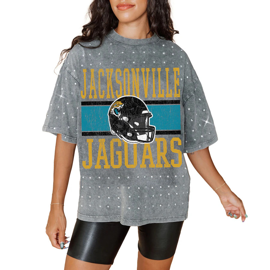 Jacksonville Jaguars Gameday Couture Women's Oversized Mini Rhinestone Classic T-Shirt - Gray | Fanatics