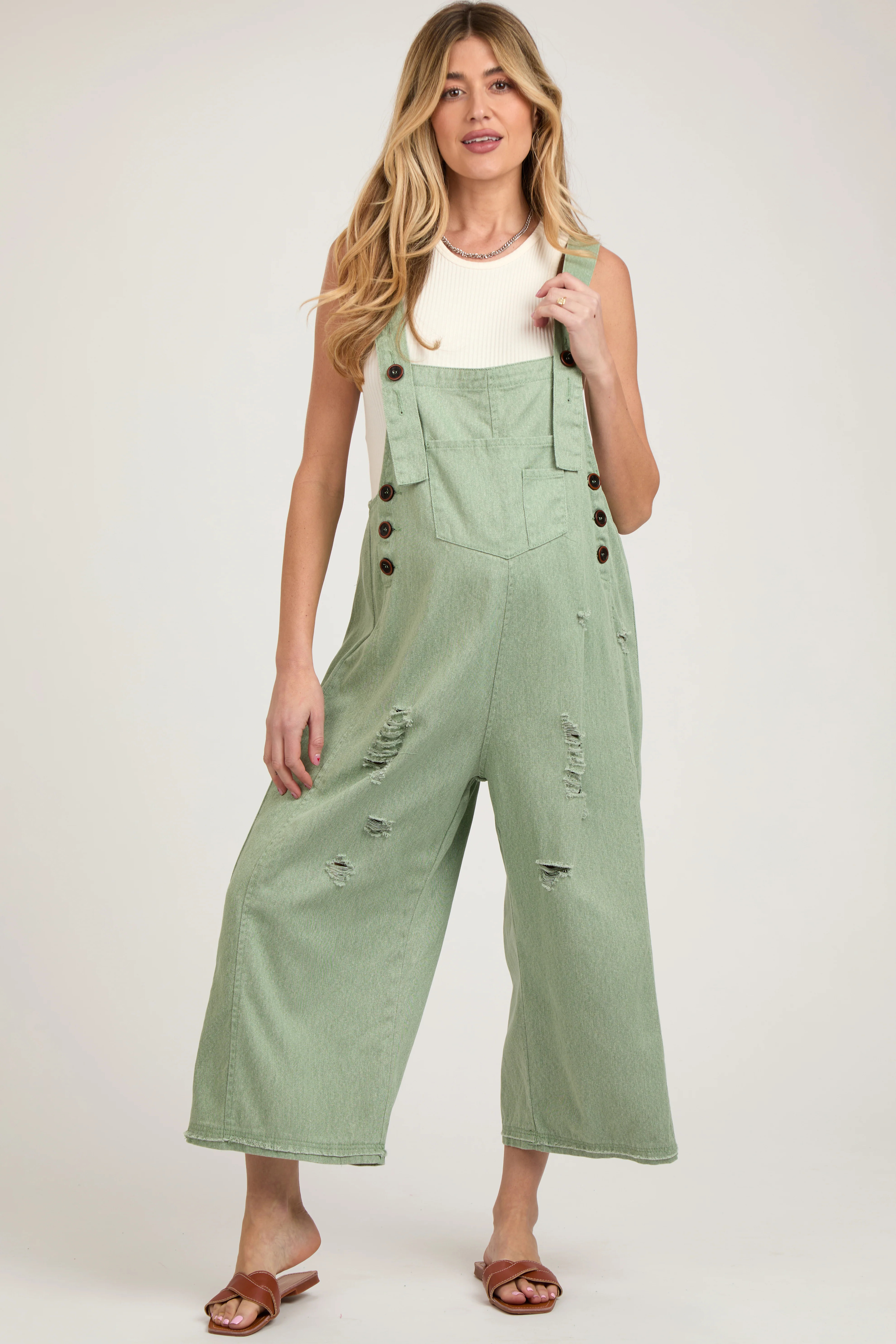 Light Olive Side Button Distressed Maternity Overalls | PinkBlush Maternity