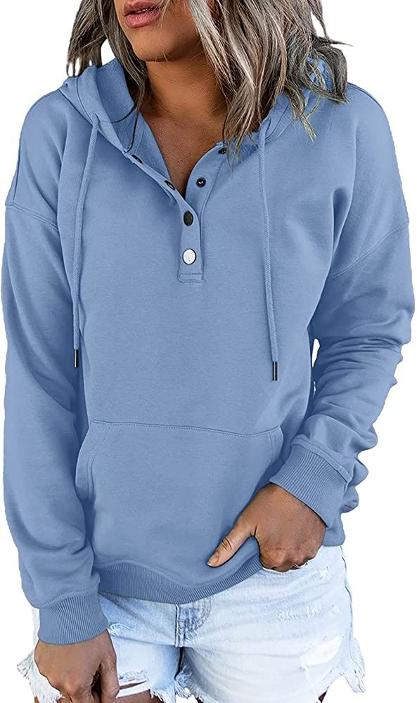 Dokotoo Womens 2022 Hooded Button Collar Drawstring Hoodies Pullover Sweatshirts Casual Long Slee... | Amazon (US)