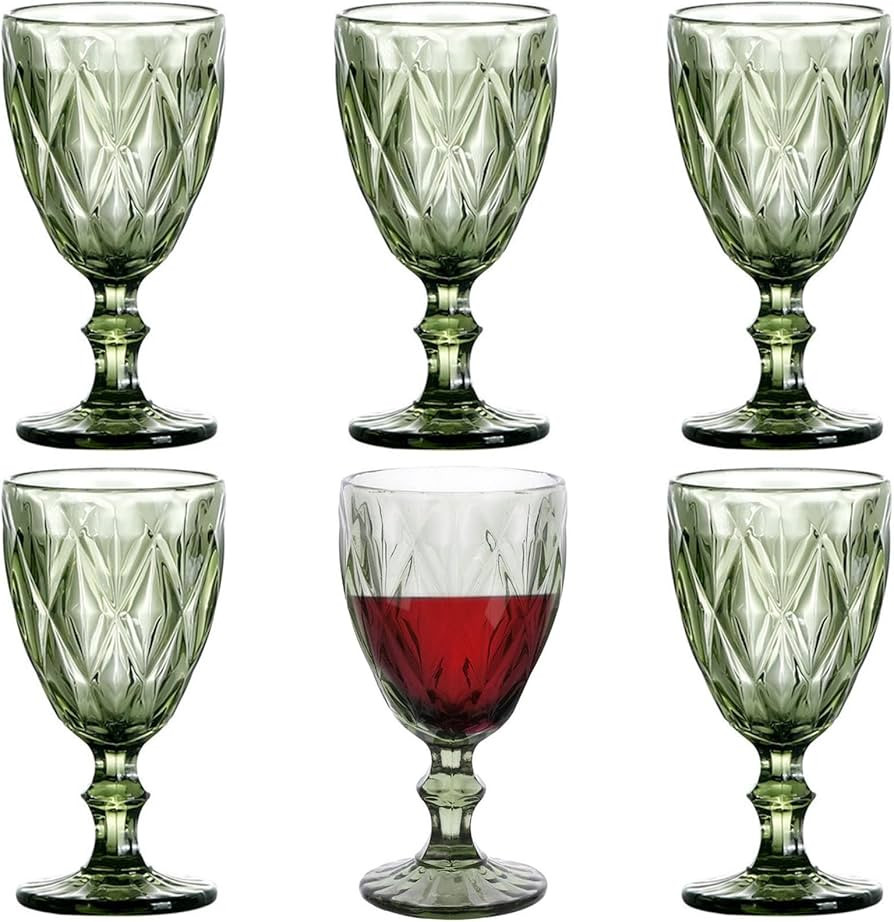 Green Drinking Glasses Wine Goblets set of 6 Colored Vintage Glassware 10 OZ for Wedding Party Ba... | Amazon (US)