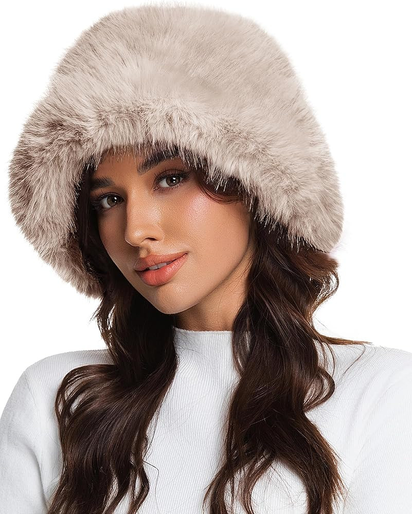 Faux Fur Bucket Hat for Women, Wide Brim Adjustable Fuzzy Fisherman Cap Long Pile Fluffy Winter F... | Amazon (US)