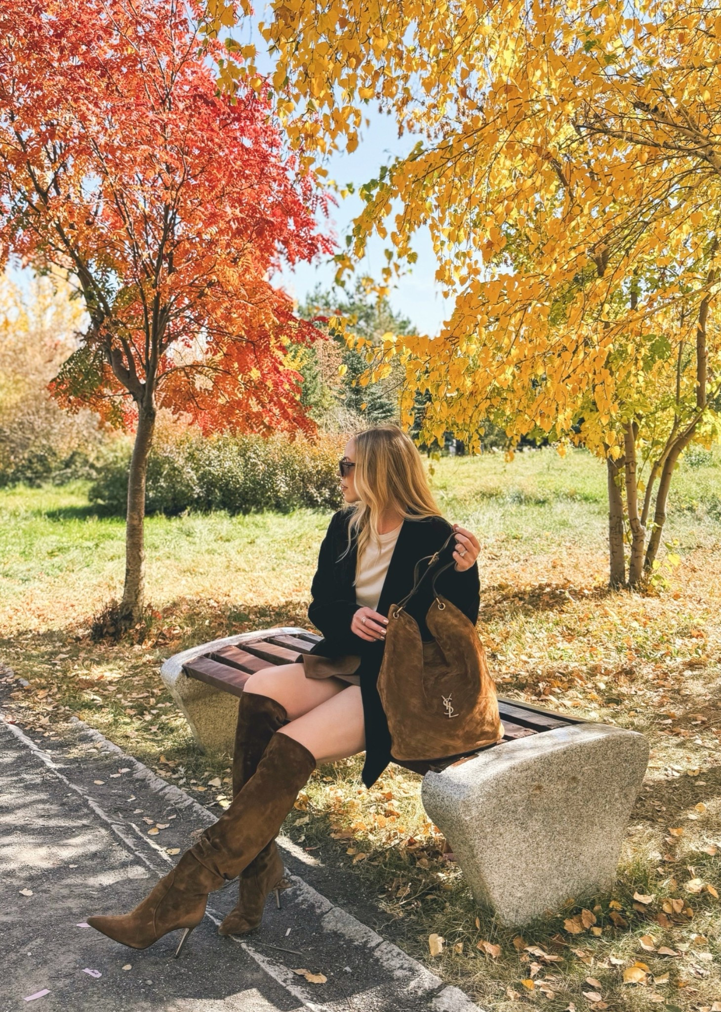 Suede blazer outfit, suede mini skirt with tall boots, suede bucket bag

#LTKSeasonal #LTKOver40
