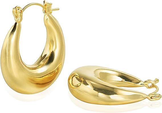 Amazon.com: Tewiky Chunky Gold Earrings for Women, 14k Gold Plated Small Gold Hoop Earrings Hypoa... | Amazon (US)