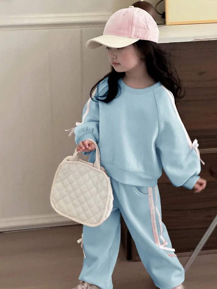 DAZY 2pcs/Set Young Girl Crew Neck Knit Sweatshirt Set, Fall Outfit | SHEIN