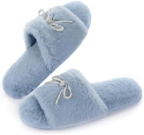 ULTRAIDEAS Women's Fuzzy House Slippers Fancy Open Toe Slides Slippers with Rhinestone Bowknot an... | Amazon (US)