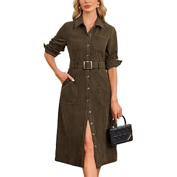 YEXPINE Women's Corduroy Midi Dress Belted Button Down Shirt Long Dresses | Amazon (US)