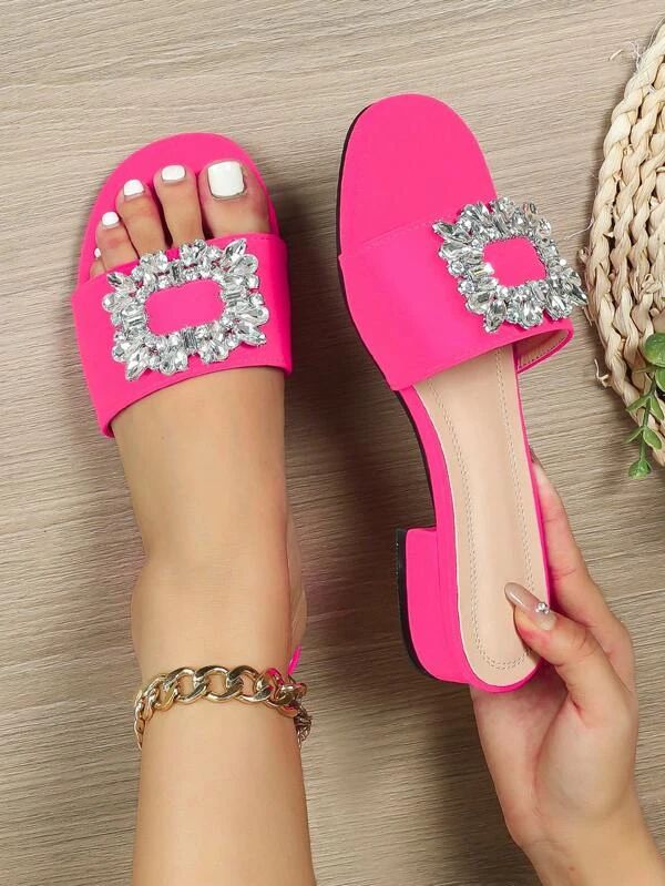 Women Rhinestone Decor Mule Sandals, Corduroy Chunky Heeled Glamorous Sandals  SKU: sx23041960646... | SHEIN