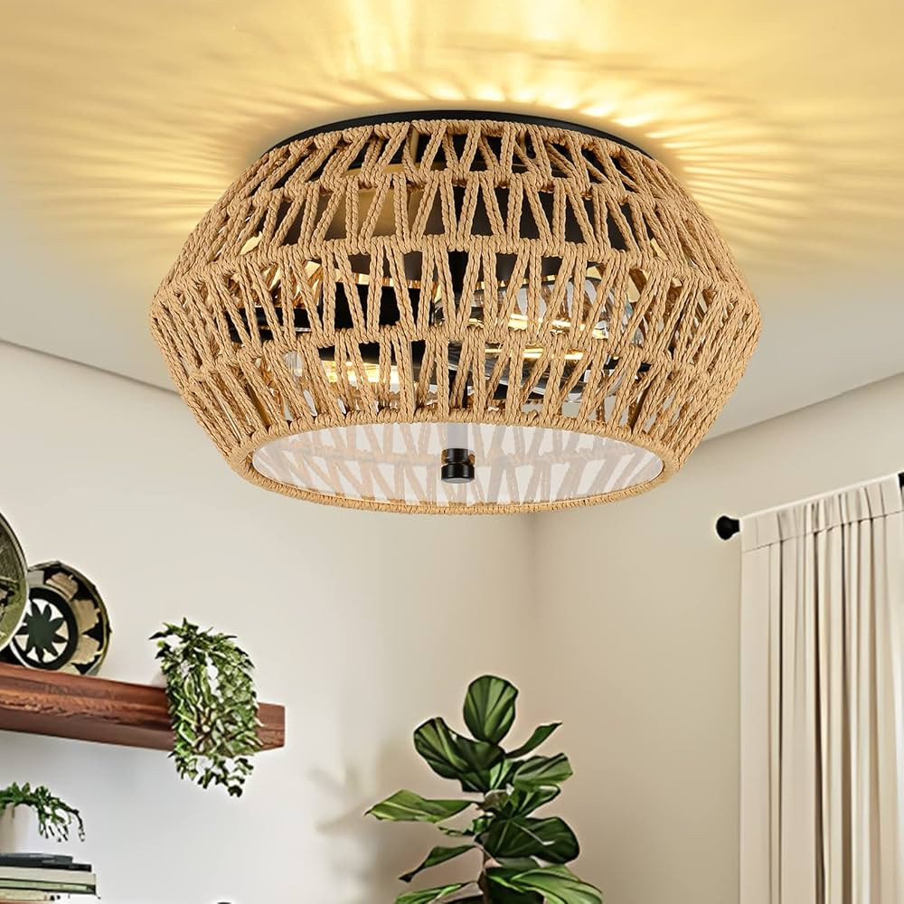 Boho Light Fixtures Ceiling Mount, 2-Lights Farmhouse Rattan Light Fixture, Flush Mount Close to ... | Amazon (US)