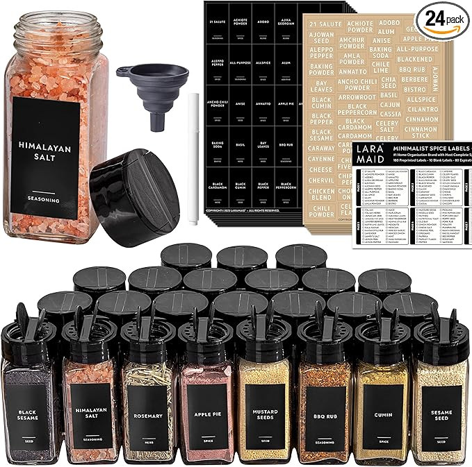 Laramaid 4oz 24Pack Glass Jars with 304 Minimalist Black Premium Spice Labels, Black Plastic Shak... | Amazon (US)