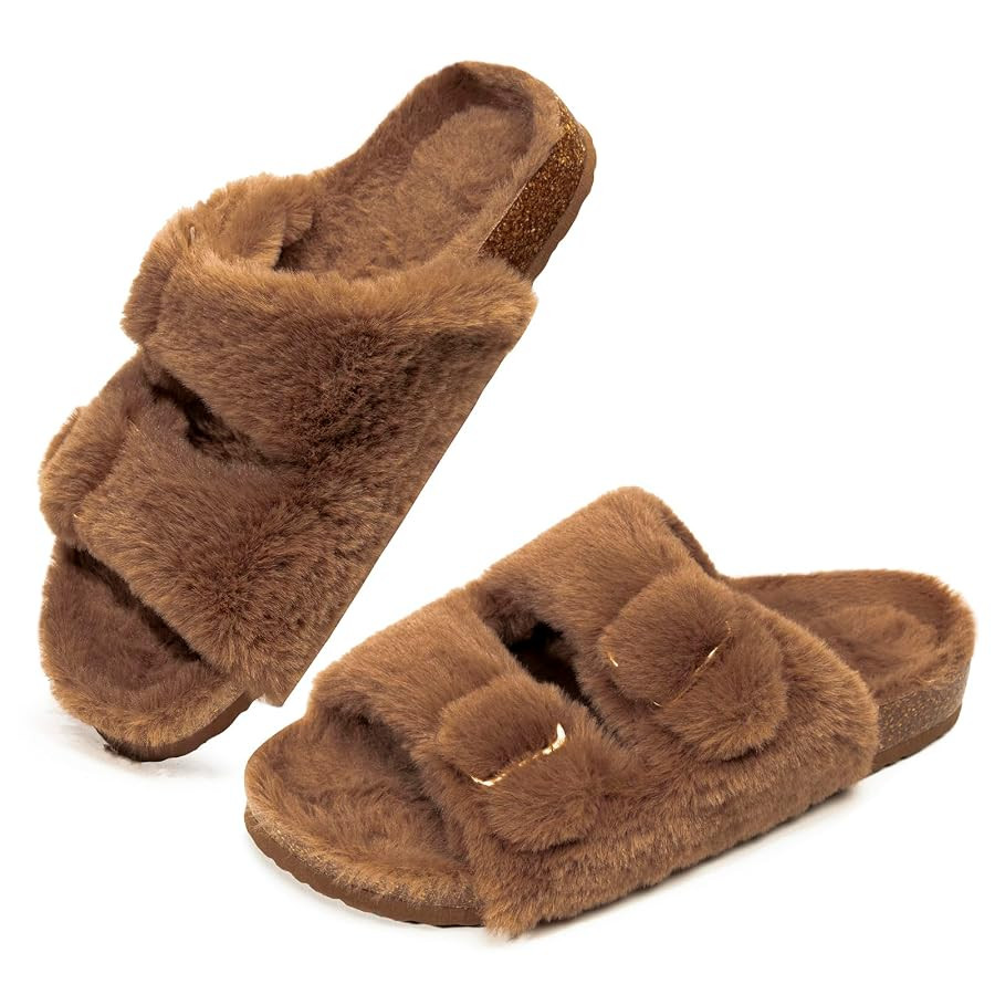 FITORY Womens Open Toe Slipper with Cozy Lining,Faux Rabbit Fur Cork Slide Sandals Size 6-11 | Amazon (US)