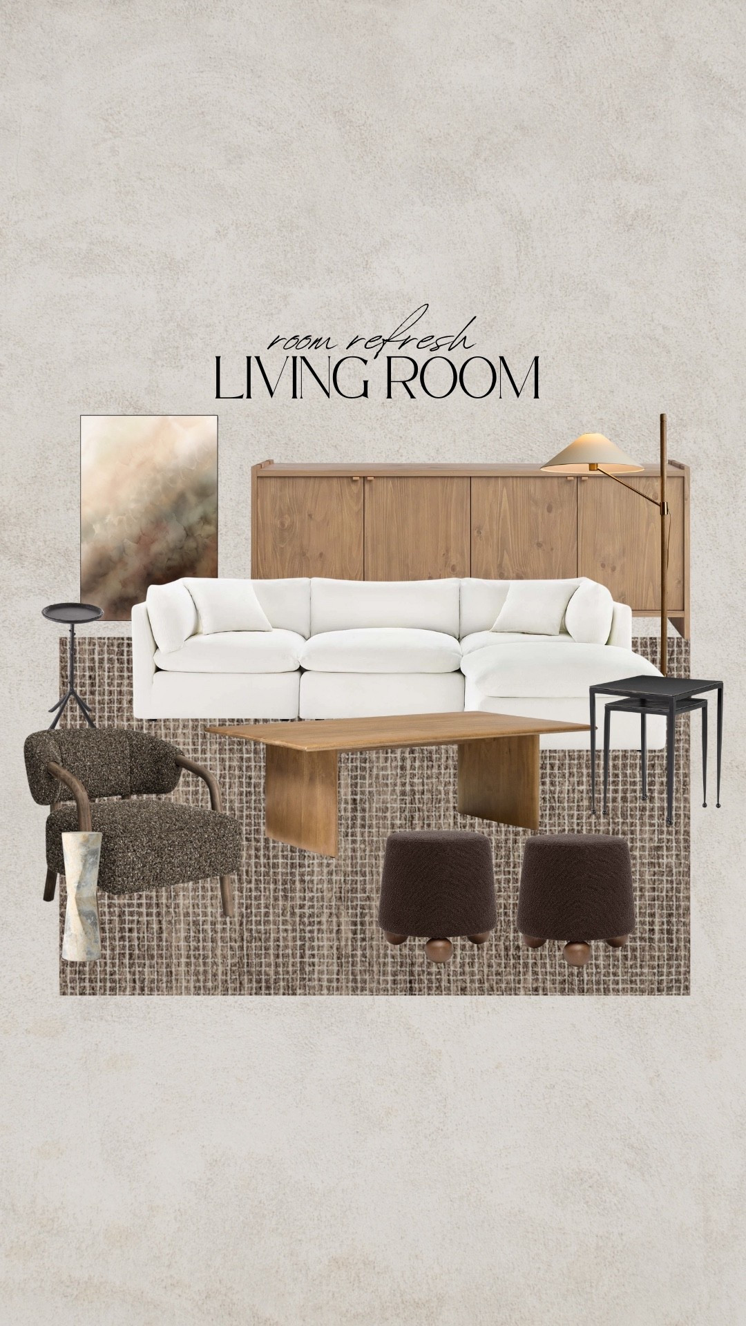 Living room refresh, organic modern living room, cloud couch, white sectional, brown ottoman, black nesting tables, stick table, pedestal table, marble drink table, checkered rug, wood coffee table, white oak coffee table, white oak sideboard, white oak cabinet, wood floor lamp, gold floor lamp, abstract wall art

#LTKFindsUnder100 #LTKSaleAlert #LTKHome