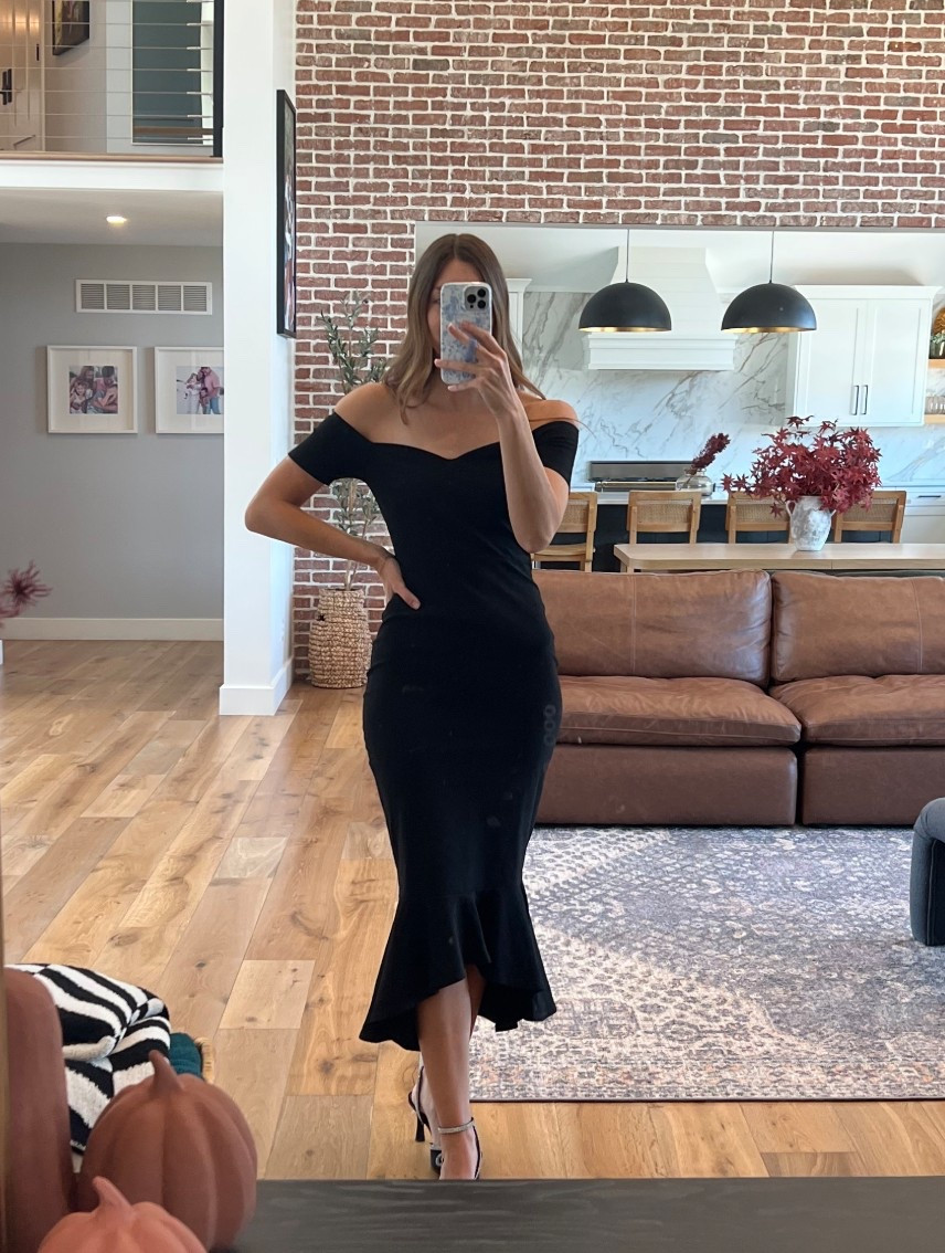 Less than $50 with code!! Black off the shoulder formal, semi formal cocktail wedding guest dress. Midi length. Also in red, blue, green, white. 

#LTKSaleAlert #LTKWedding #LTKOver40