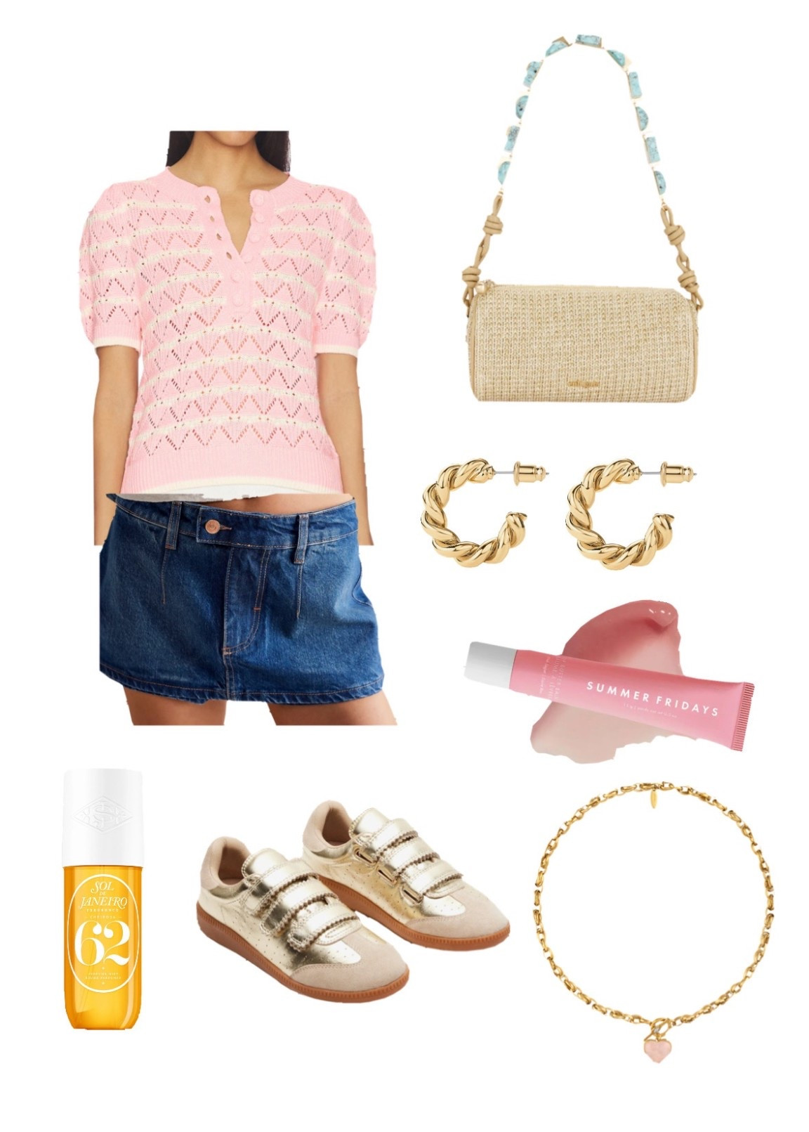 the cutest summer outfit for a day of shopping or brunch with friends!! Puff sleeve pink top with a denim mini skirt. Paired with golden shoes, earrings, and a necklace. Cute beach purse and lipgloss 

#LTKTravel #LTKOver40 #LTKootd