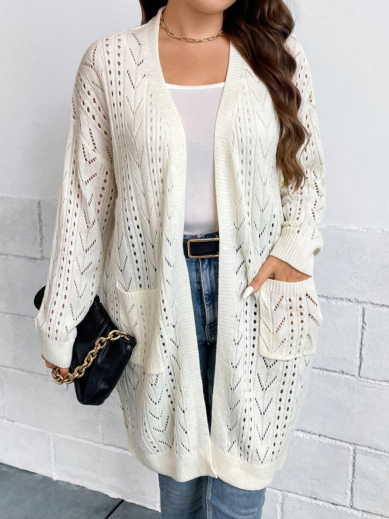 SHEIN LUNE Plus Pointelle Knit Drop Shoulder Open Front Cardigan | SHEIN