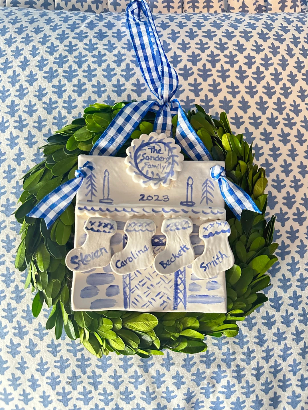 Wreath With Fireplace, Dried Boxwood Wreath With Ceramic Blue and White Ornament - Etsy | Etsy (US)