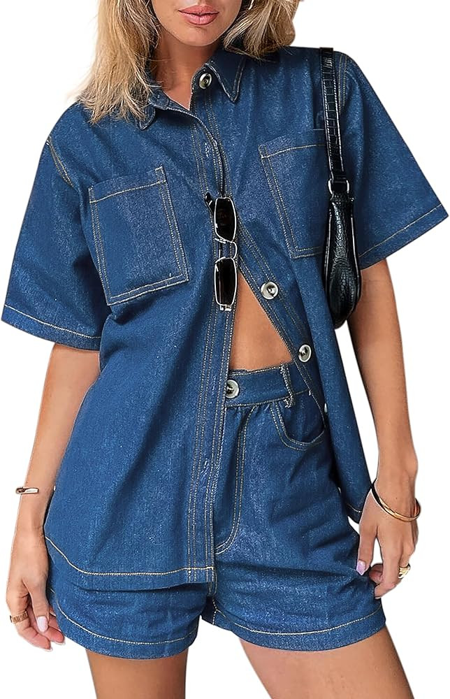 Womens Denim Set Casual Short Sleeve Denim Top and jeans Shorts Lounge Sets Summer Two Piece Sets... | Amazon (US)