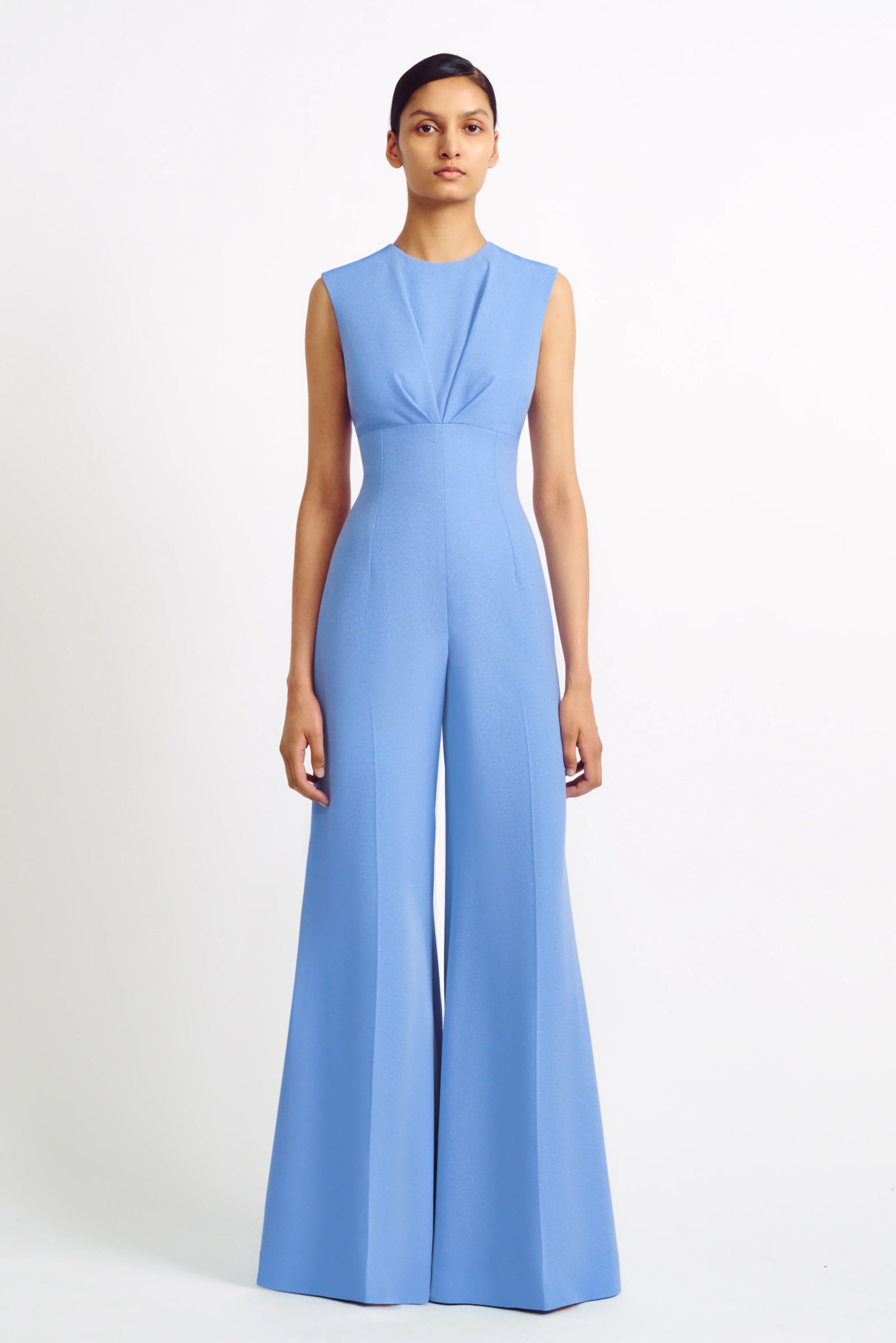 Whitney Blue Double Crepe Flared Jumpsuit | Emilia Wickstead