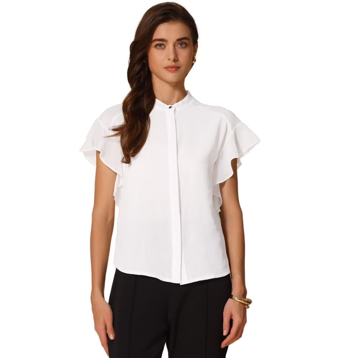 INSPIRE CHIC Women's Work Stand Collar Ruffle Short Sleeve Button Down Shirts | Target