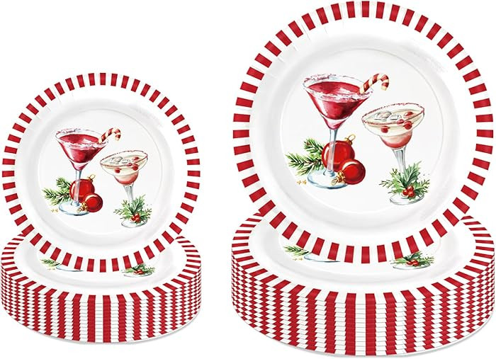 LeZakaa 50Pcs Christmas Martini Paper Plates Sets, Holiday Cocktail Drink Design, Cheers to Chris... | Amazon (US)