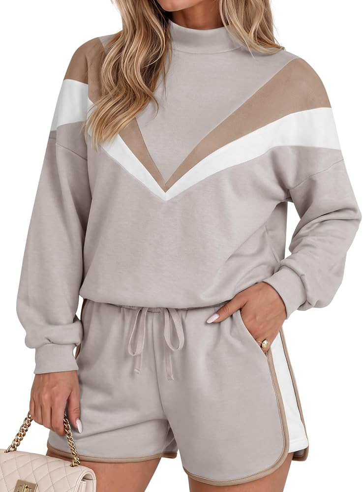 Fisoew Womens 2 Piece Outfits Sweatsuit Long Sleeve Pullover Shorts Sets | Amazon (US)